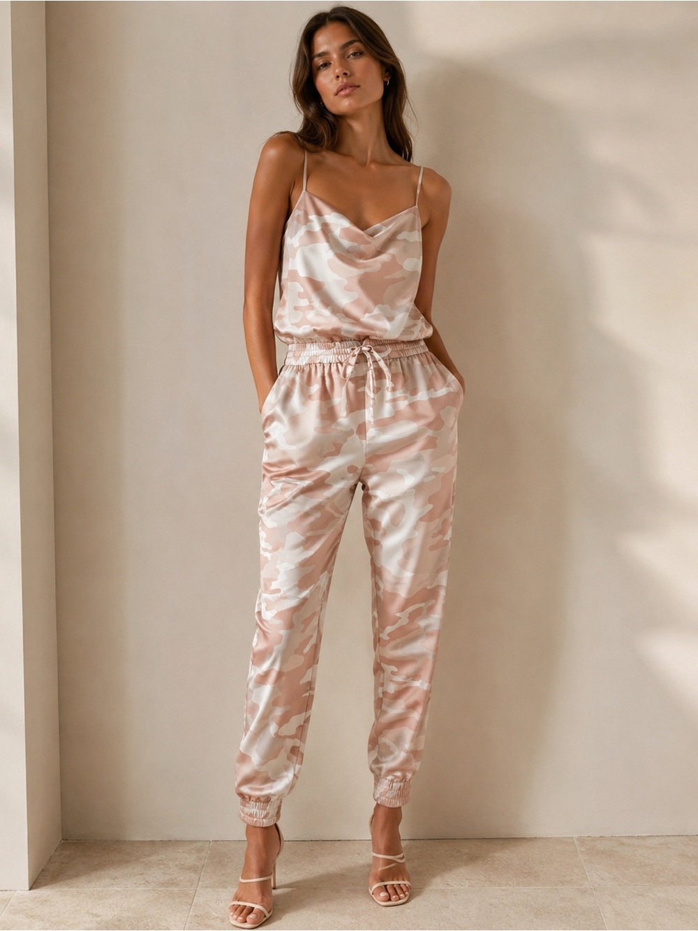 Cinq a sept pink camo satin jumpsuit XS